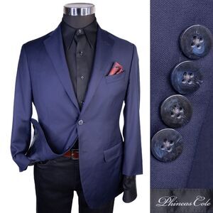 Phineas Cole Men Navy Blue Solid Wool/Cashmere 2 Buttons Blazer Jacket Size 37XS